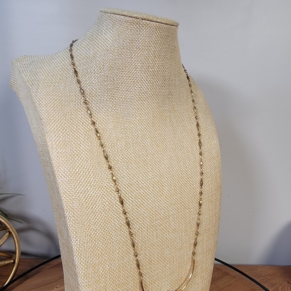 Bou Cou Long Boho Necklace Gold Tone thin chain with Yarn Fan Tassel - Picture 7 of 17